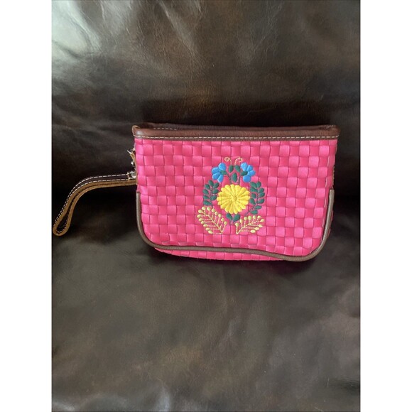 Consuela Handbags - Consuela Wristlet Pink Woven  Clutch Brown Leather Trim Embroidered Floral